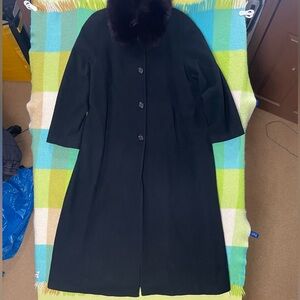 Vintage Marvin Richards Lambswool Trench Coat Black Fur Trim Button Peacoat